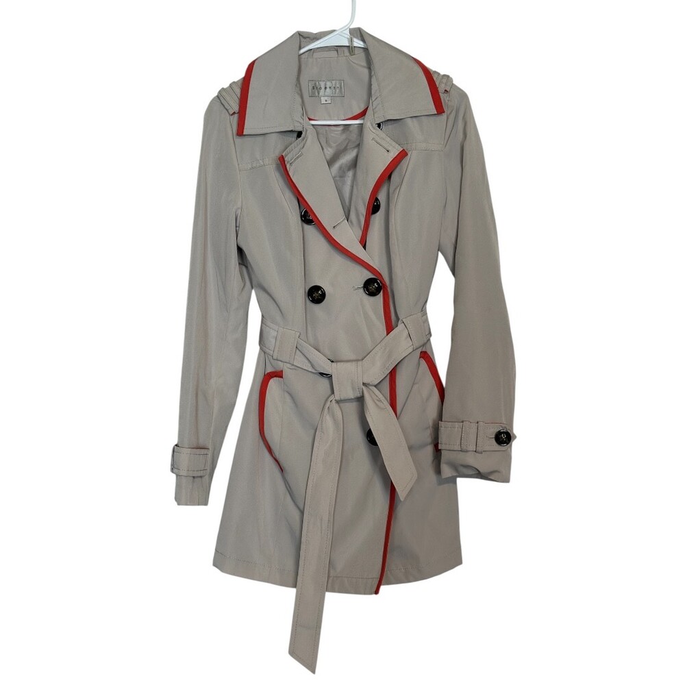 Braetan Gray Trench Coat Red Trim Belted Double Breasted Women’s Small - Picture 2 of 15